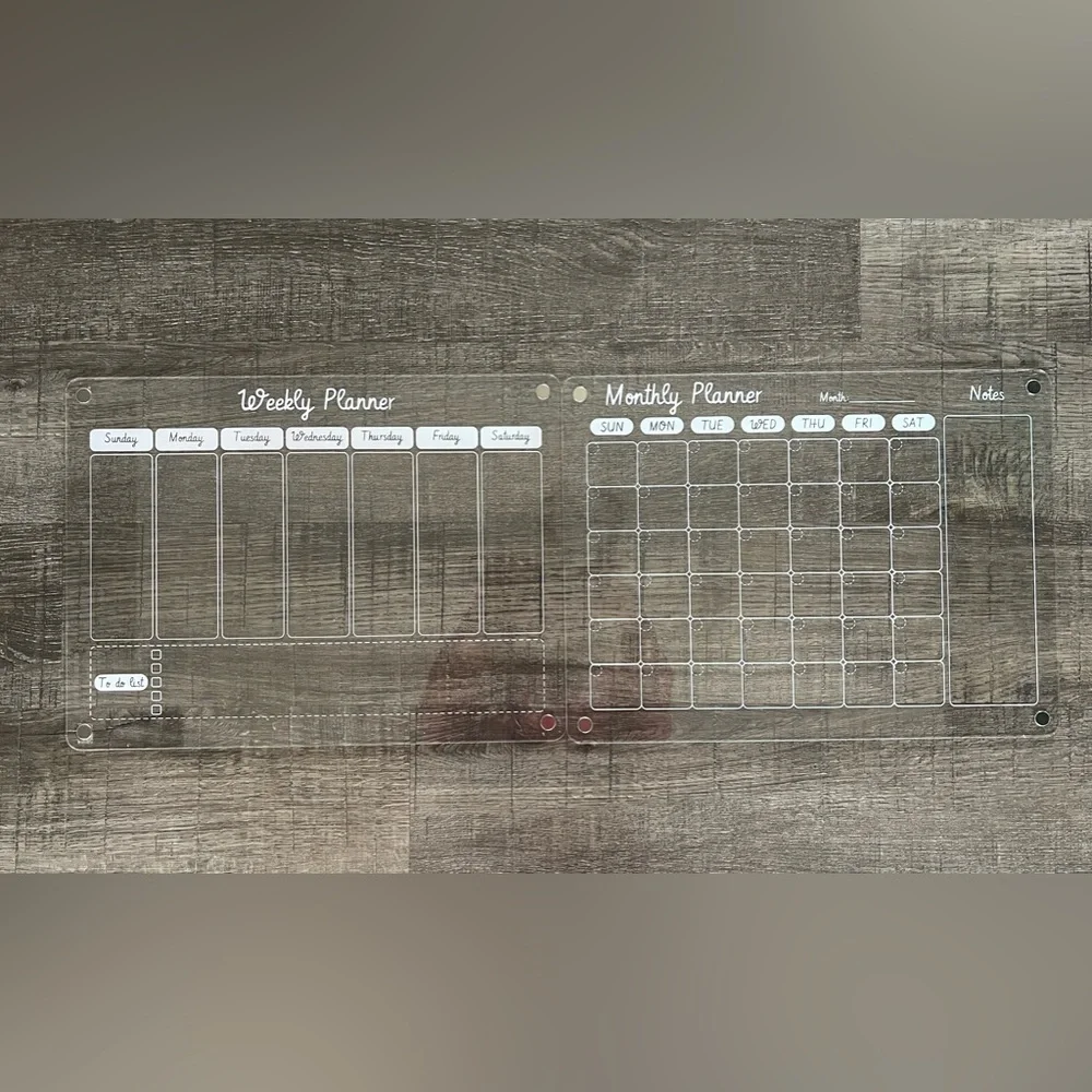 Monthly and weekly dry erase/magnetic/acrylic calendars. Each one is 12x16in.